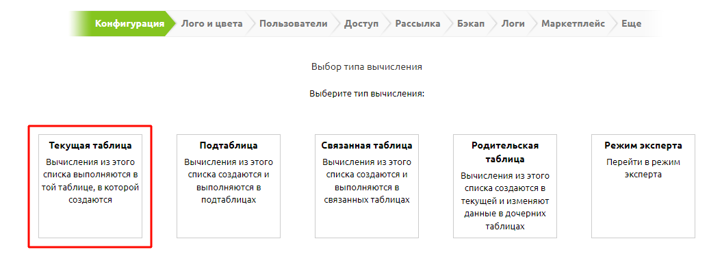 Тип вычисления «Текущая таблица»